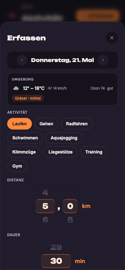 Sporty Erfassen-Modal