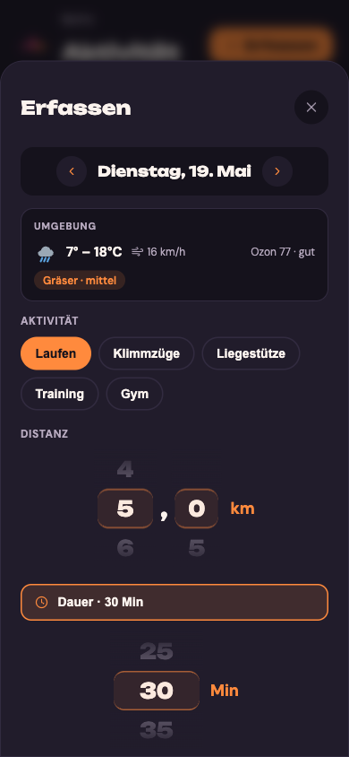 Sporty Erfassen-Modal