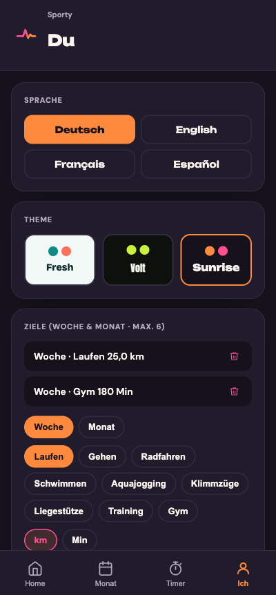 Sporty Theme-Switcher & Statistik