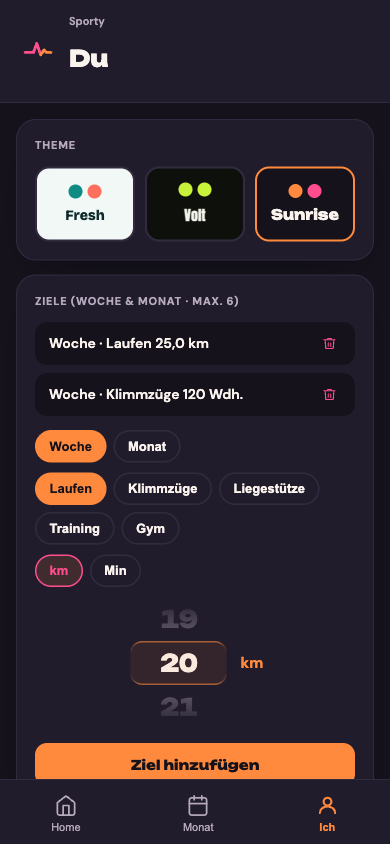 Sporty Theme-Switcher & Statistik
